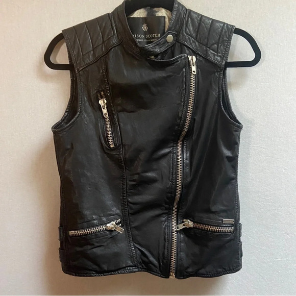 Scotch & Soda Jackets & Blazers - Maison Scotch Moto Vest Black Leather Zip Sleeveless Jacket  Sz S (17” PTP)